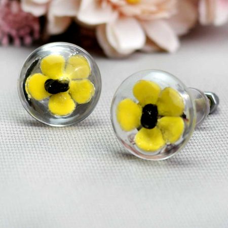 Yellow Flower Engraved Glass Dresser Knobs